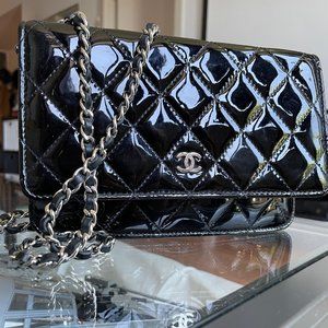 CHANEL Patent Quilted Wallet on Chain